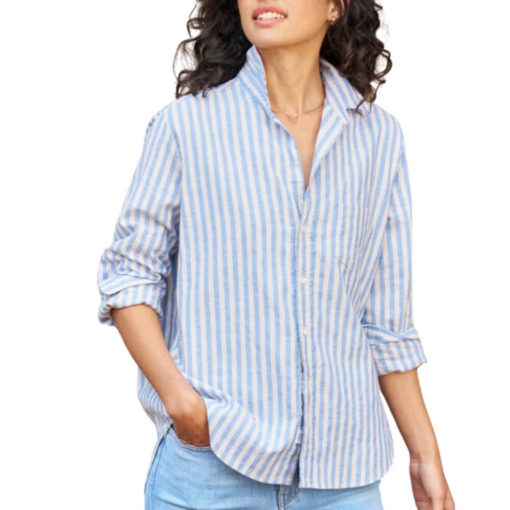 NWOT Frank & Eileen Eileen Linen Shirt in Blue & White Stripe - Size Medium